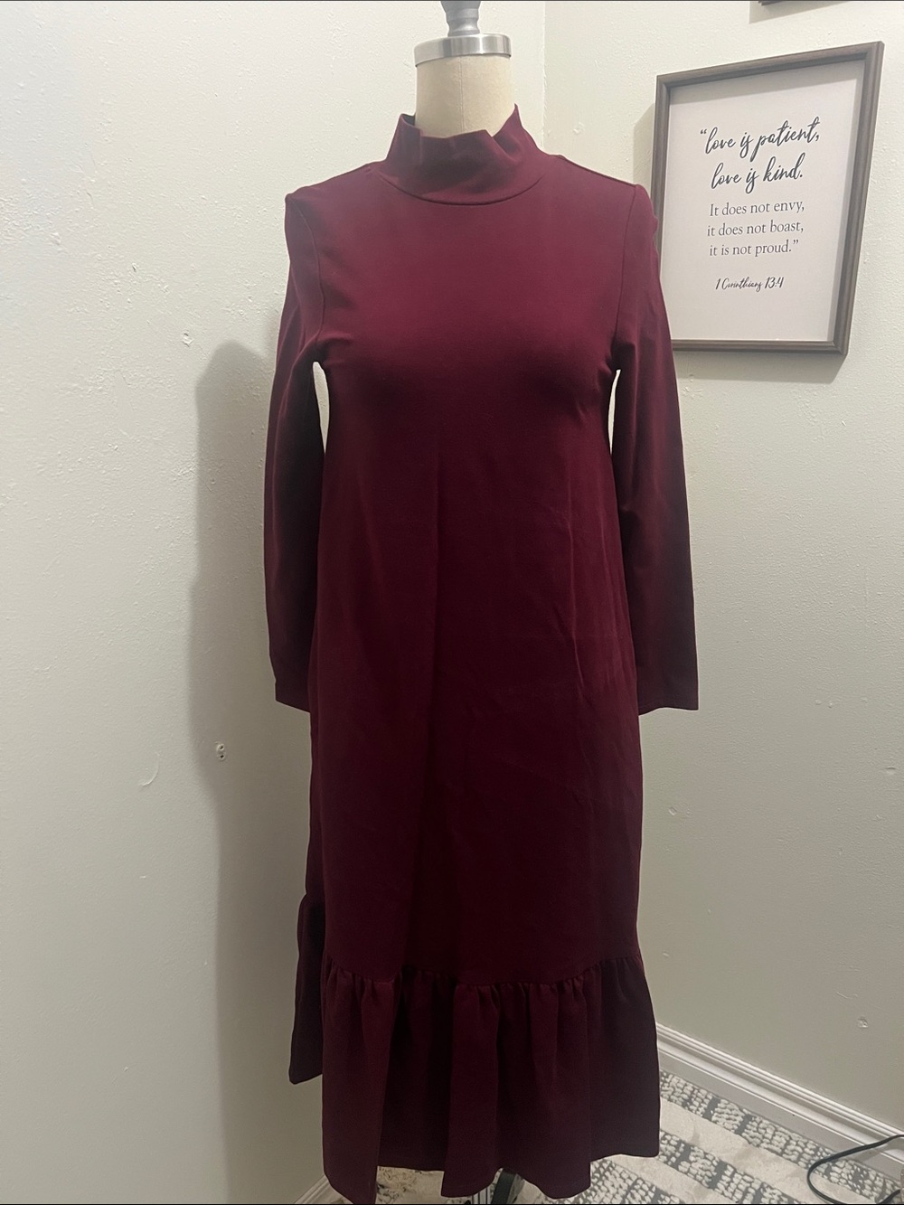 Dainty Jewells Long Sleeve Mock Neck Burgundy Ruffle Hem Dress